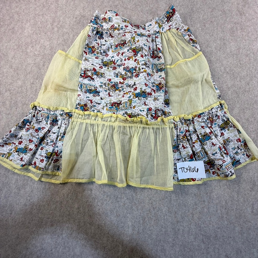 Vintage Roos of California Novelty Print Apron Antique Car Horse Carriage Yellow